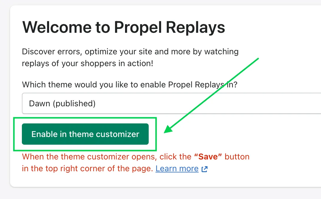 Screenshot showing Enable in theme customizer button
