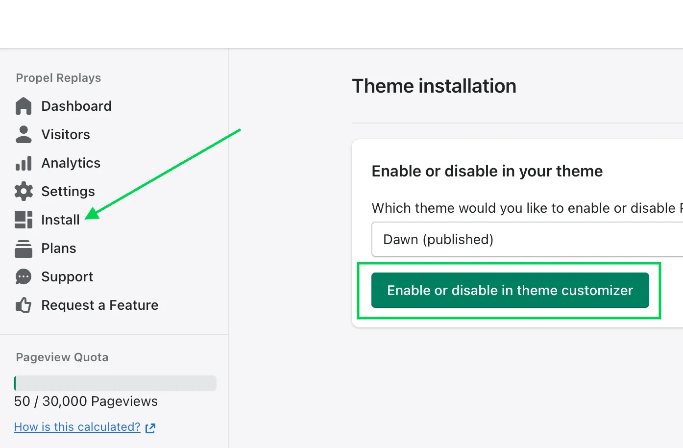 Screenshot showing Install page location