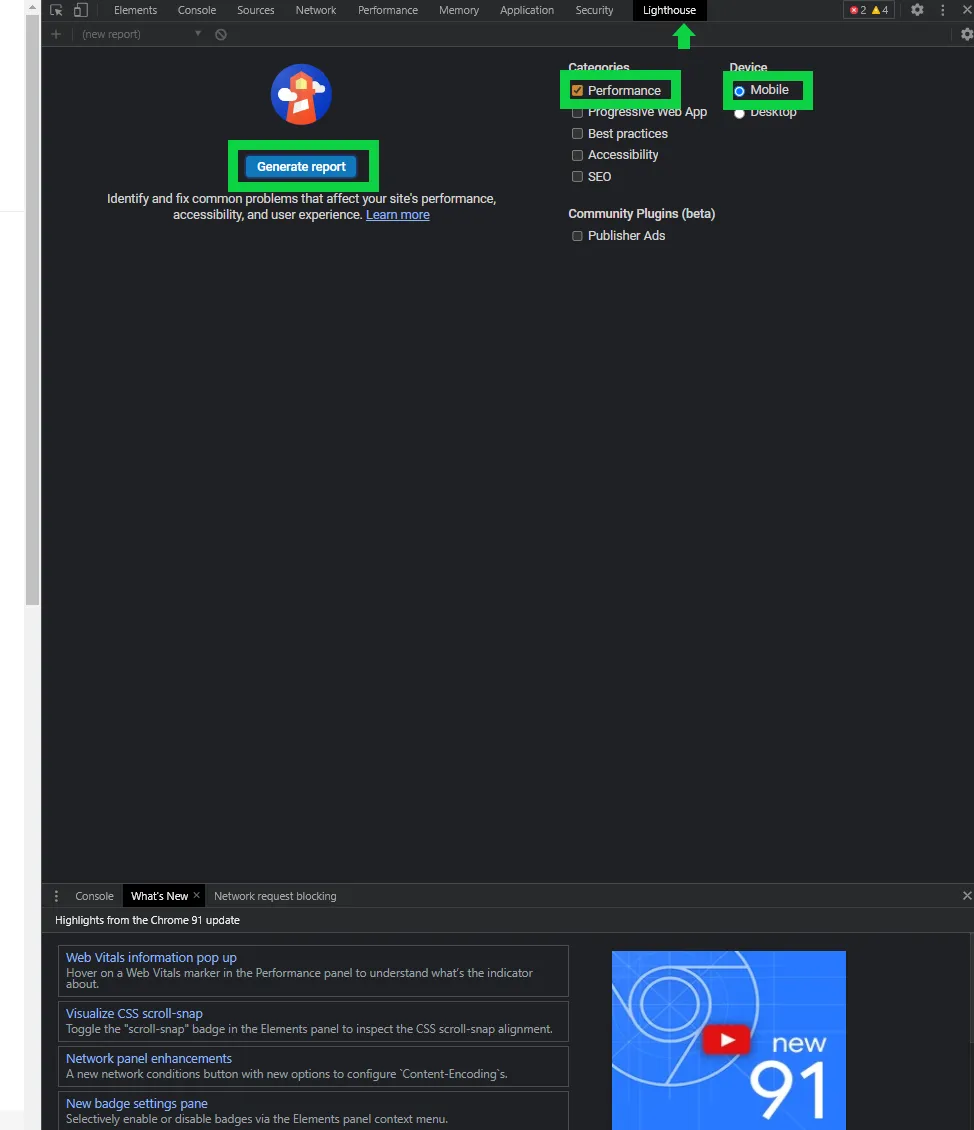 Chrome Lighthouse performance testing interface