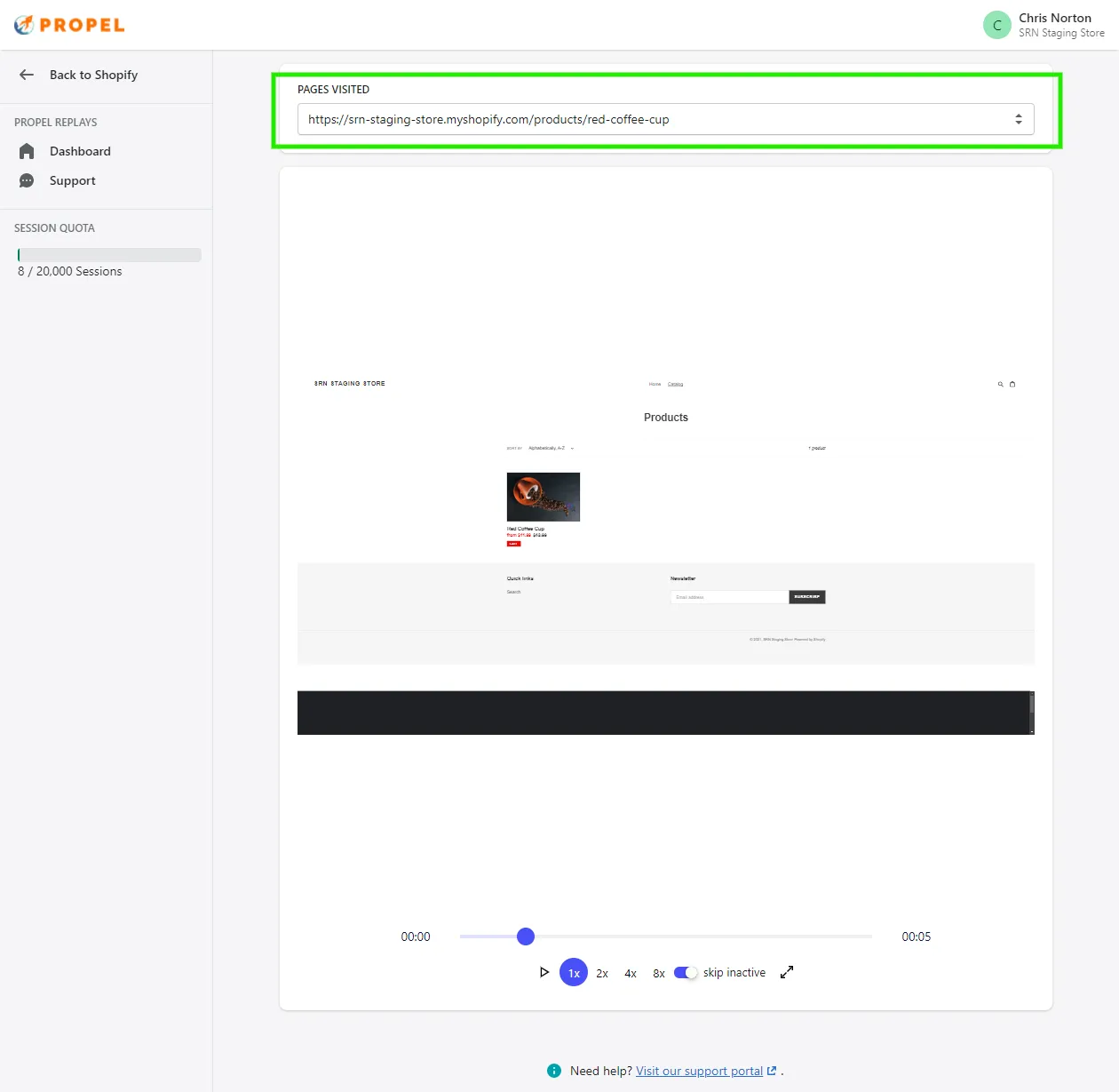 Pages Visited dropdown menu for selecting replay pages