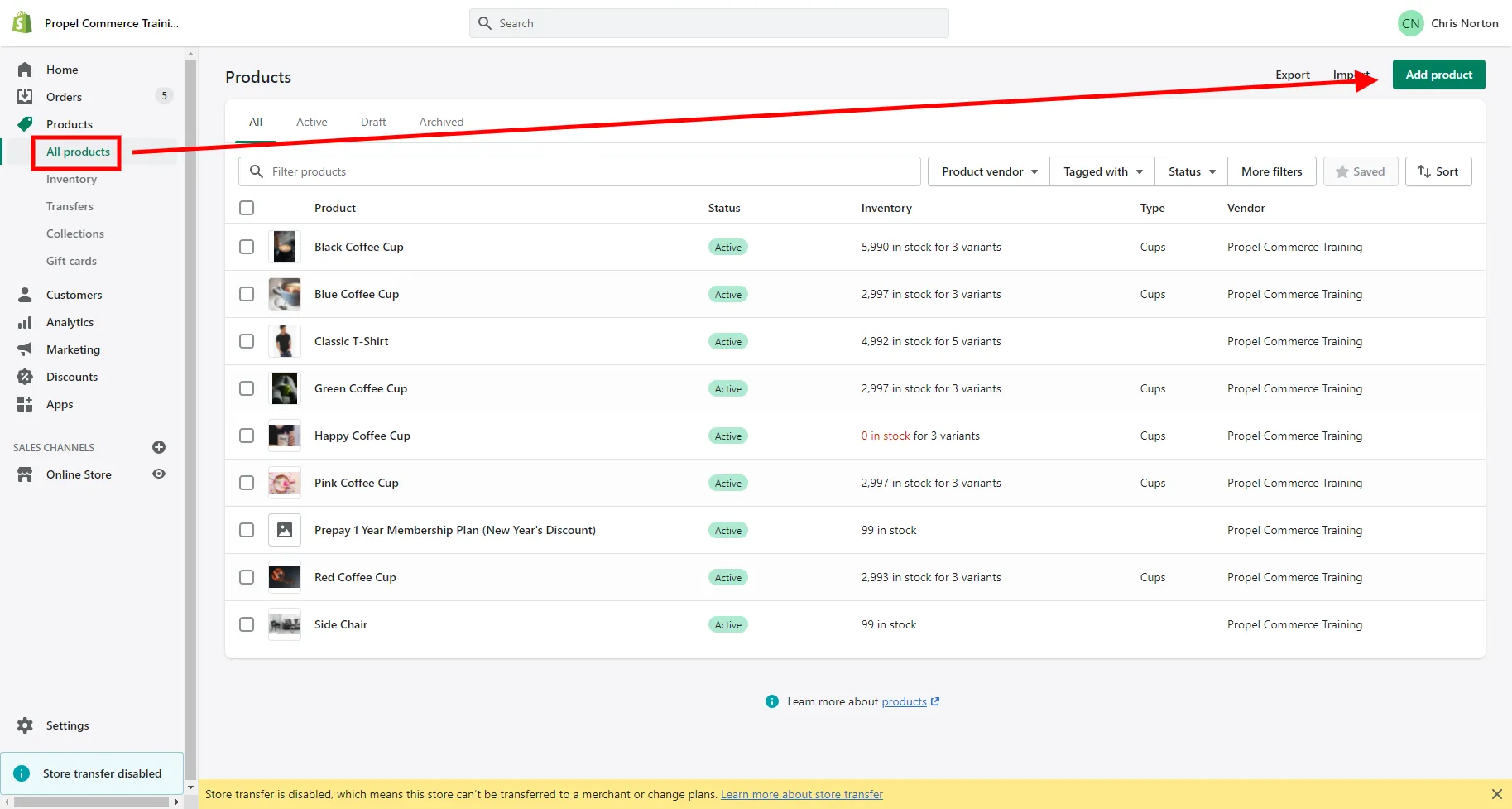New product creation form in Shopify