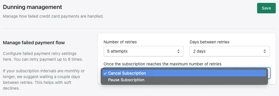Dunning Management settings page
