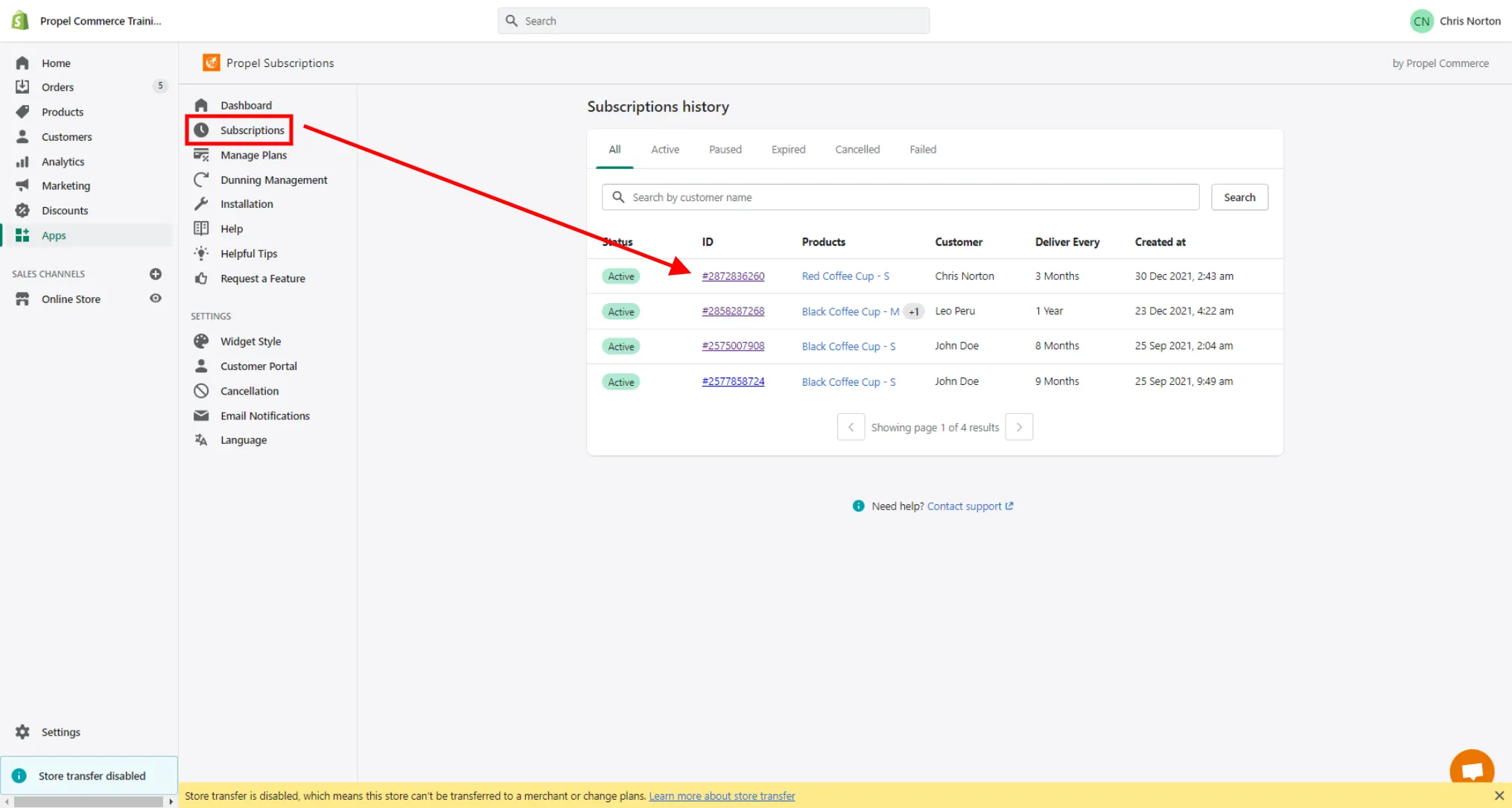 Subscriptions list in app dashboard