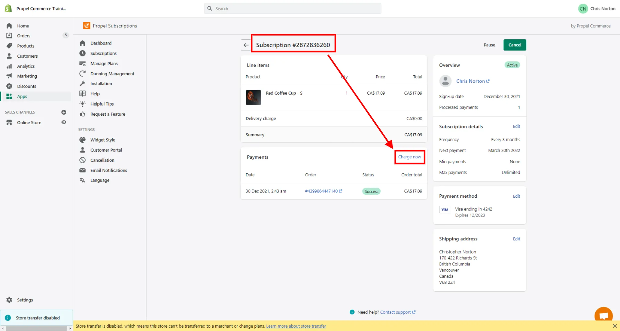 Charge Now button on subscription detail