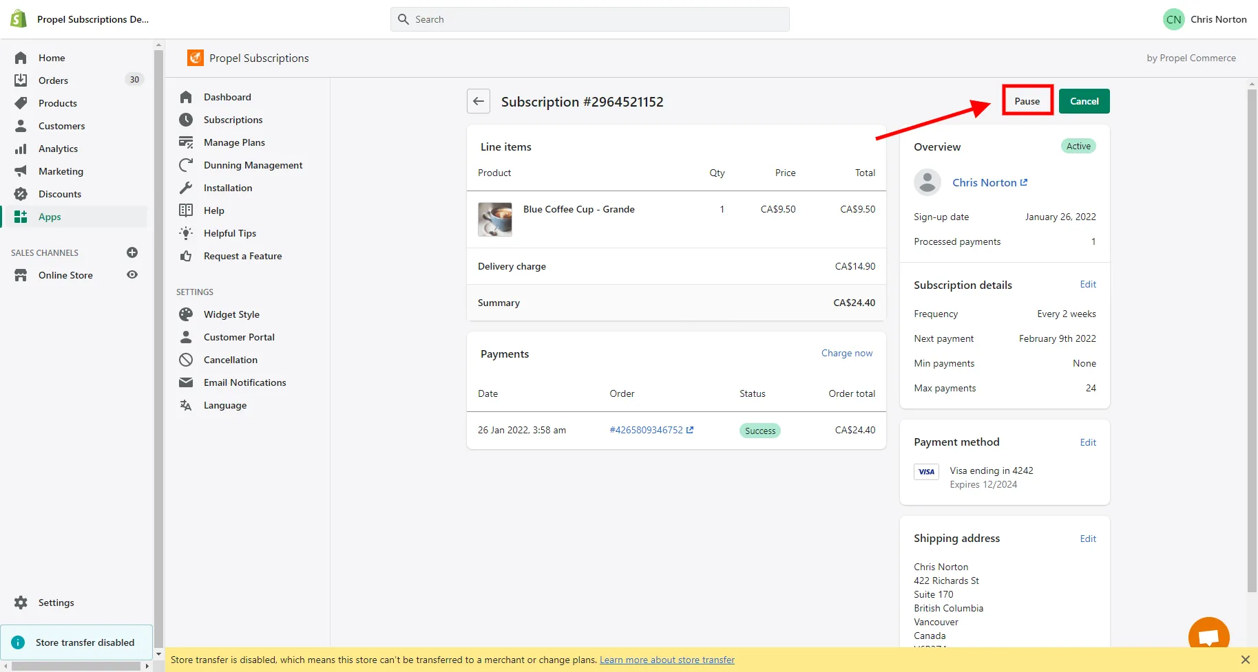 Customer account details with See my Subscriptions link