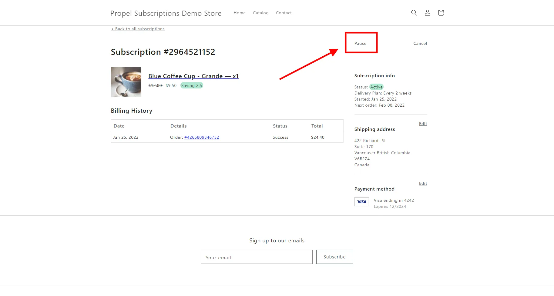 Pause button in customer portal