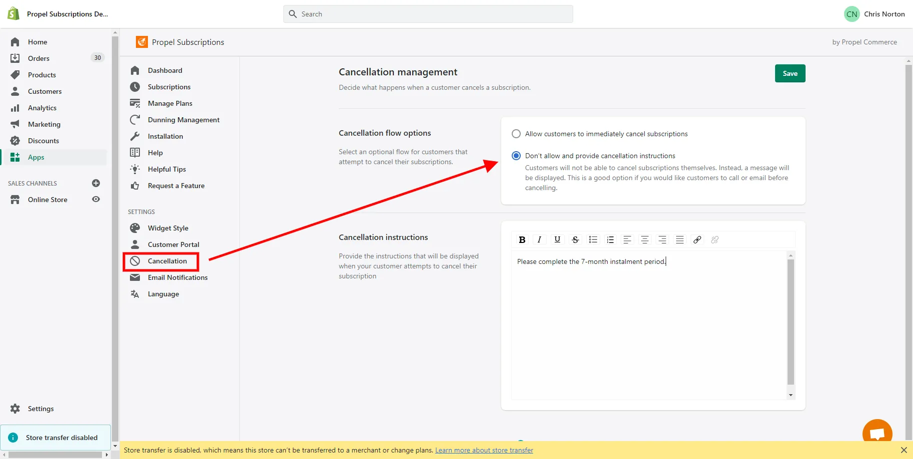 Cancelation flow options setting