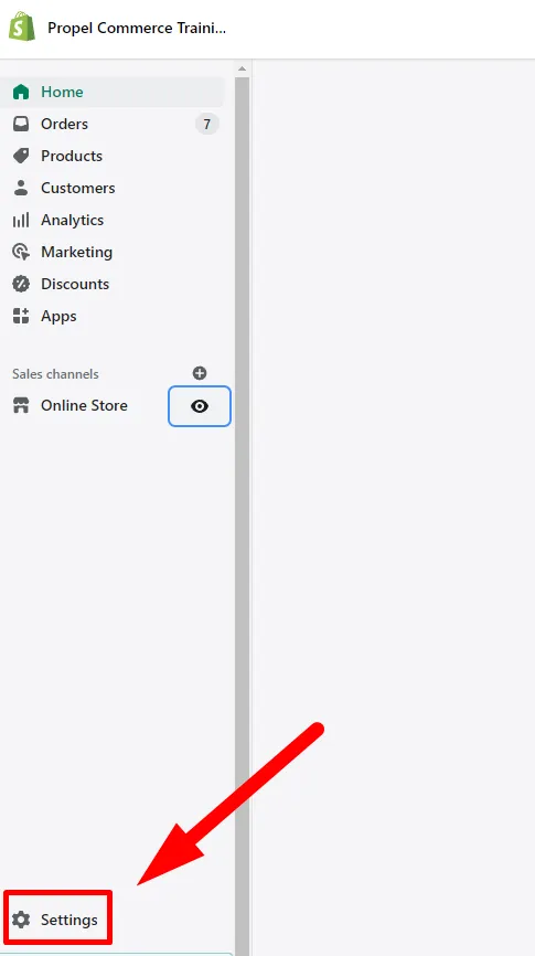Shopify admin settings link
