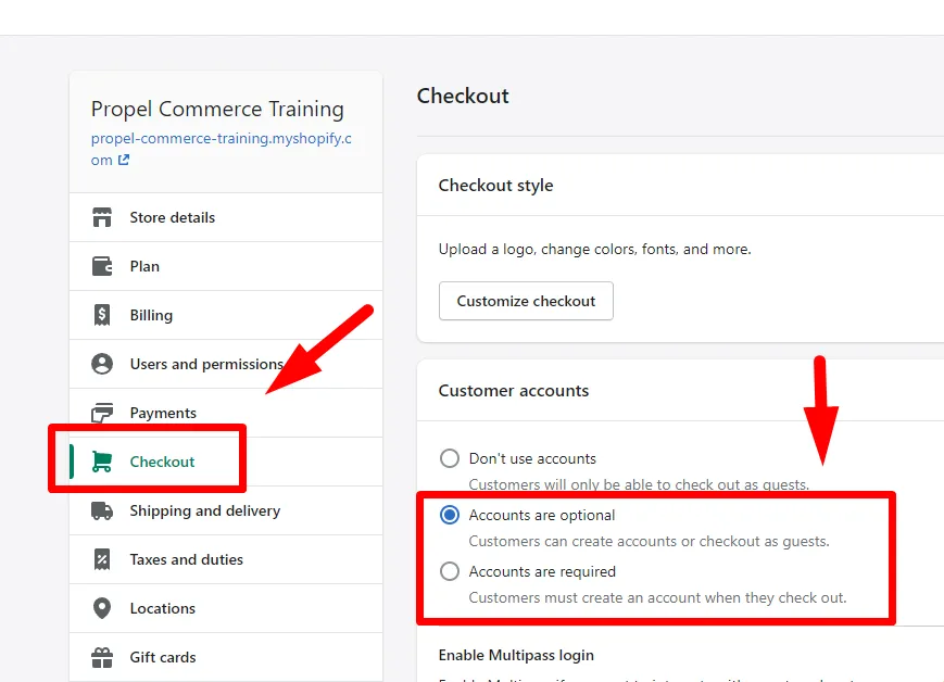 Checkout settings showing customer account options