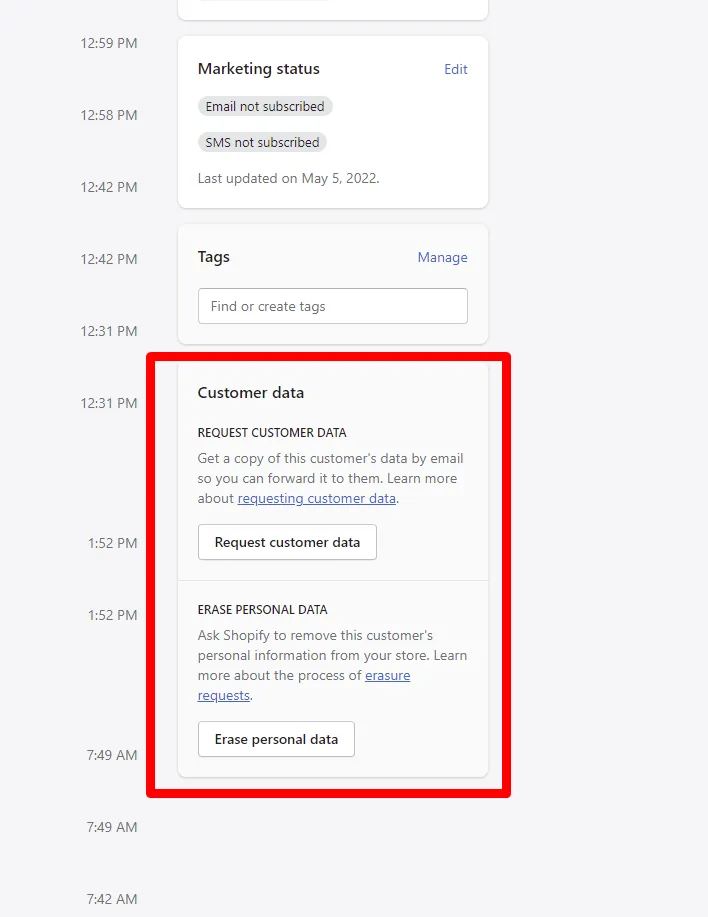 Customer Data section on a customer's page