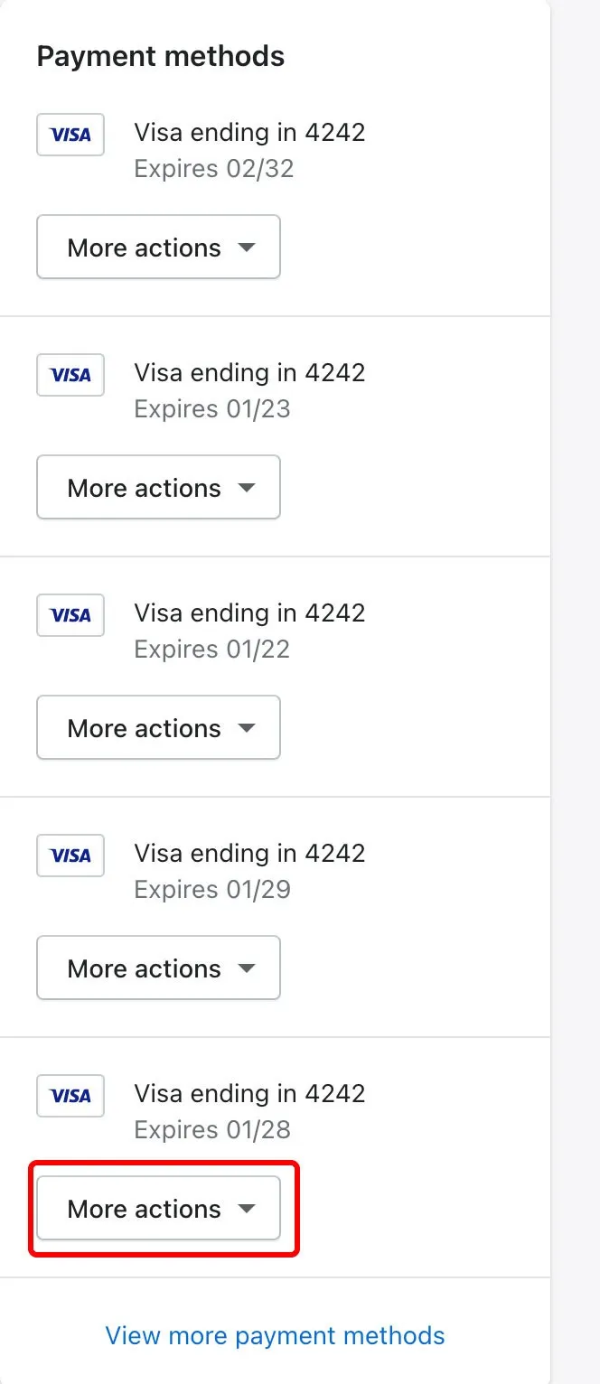 Payment methods section with More actions menu