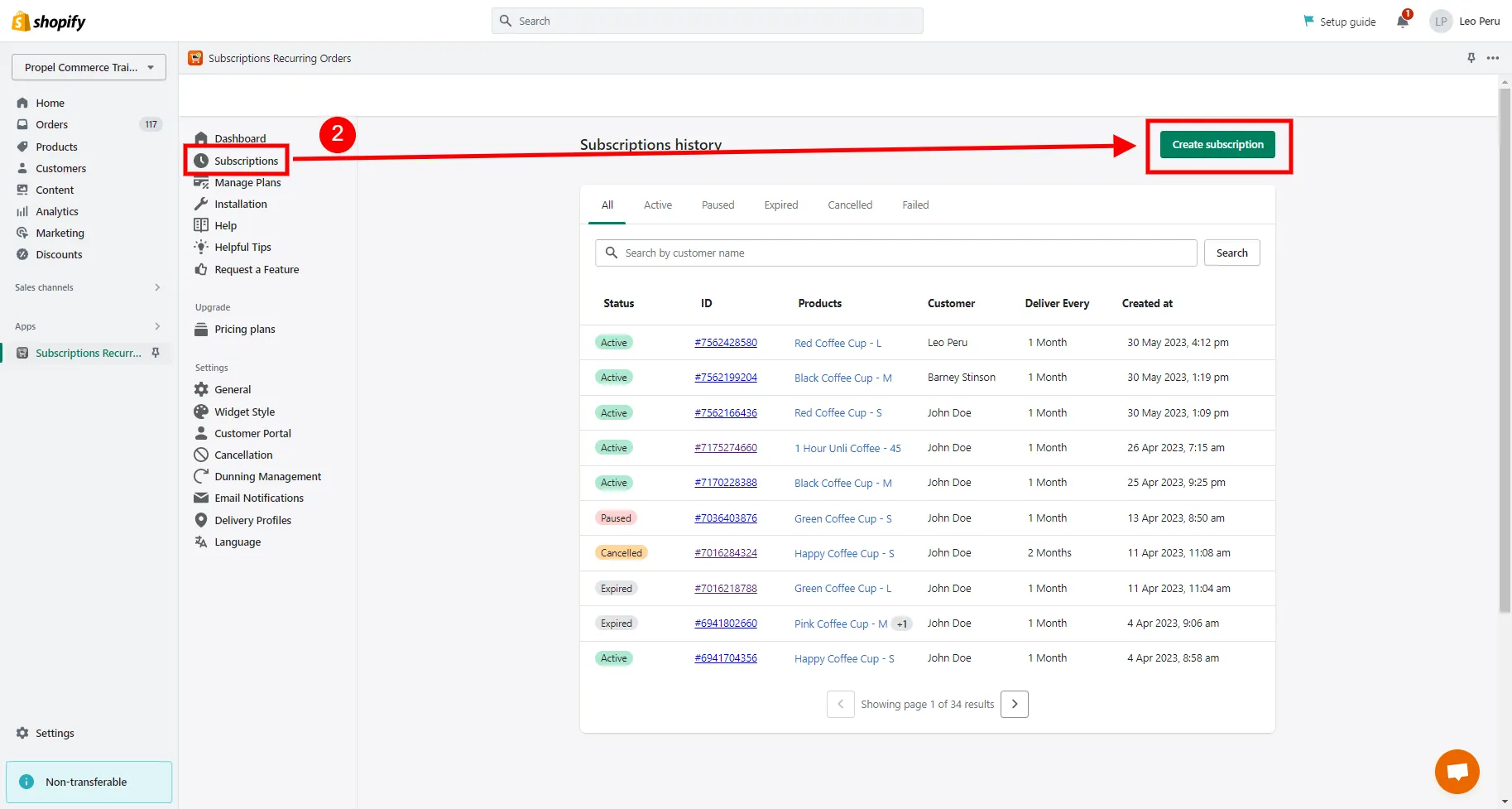 Create Subscription button on Subscriptions page