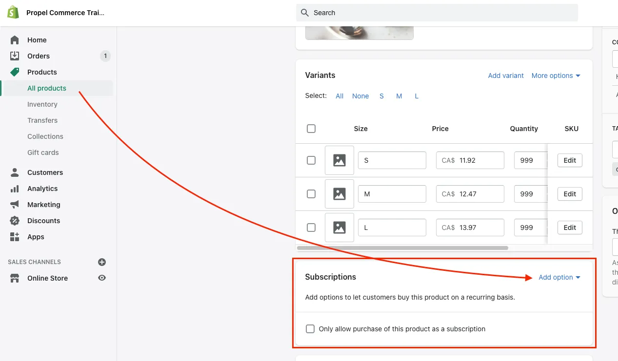 Product subscription section in Shopify admin