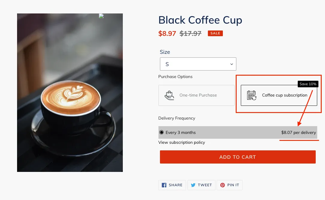 Subscription option on storefront product page