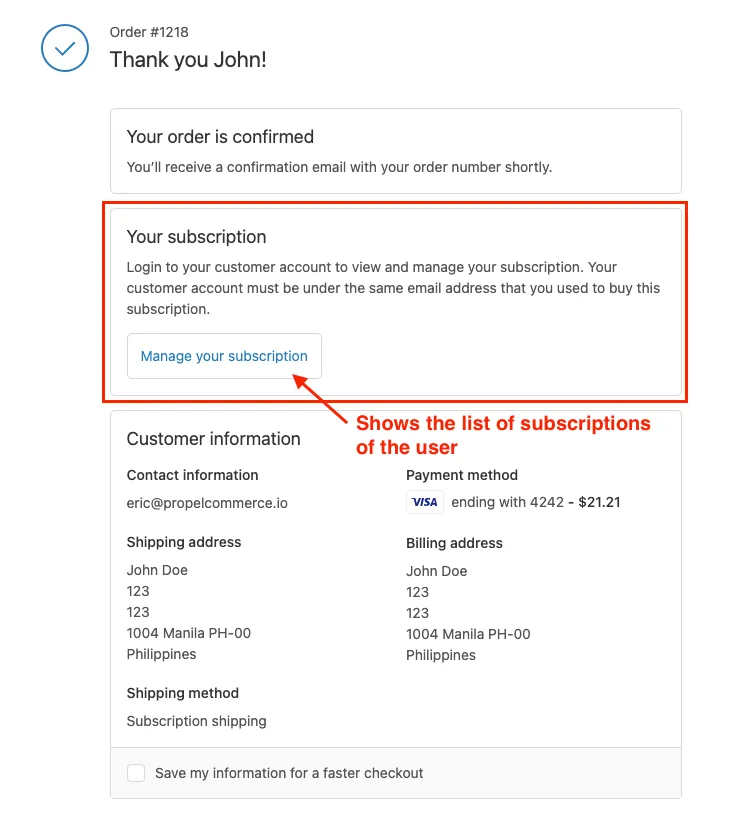 Manage your subscription button on Thank You page