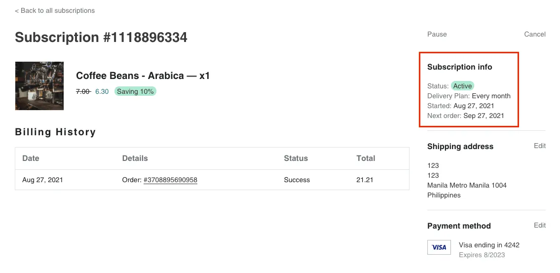 Subscription detail in customer portal