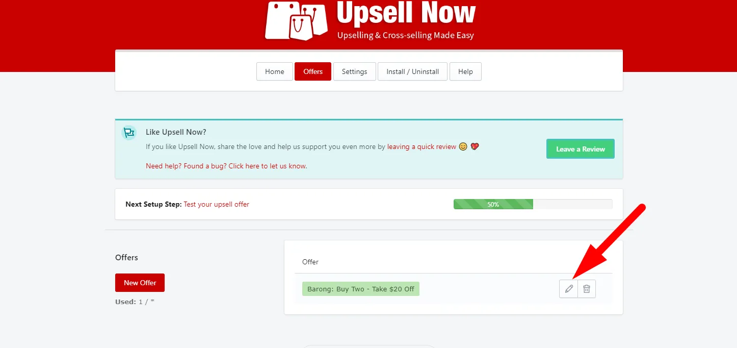 Edit offers interface in Propel Upsells