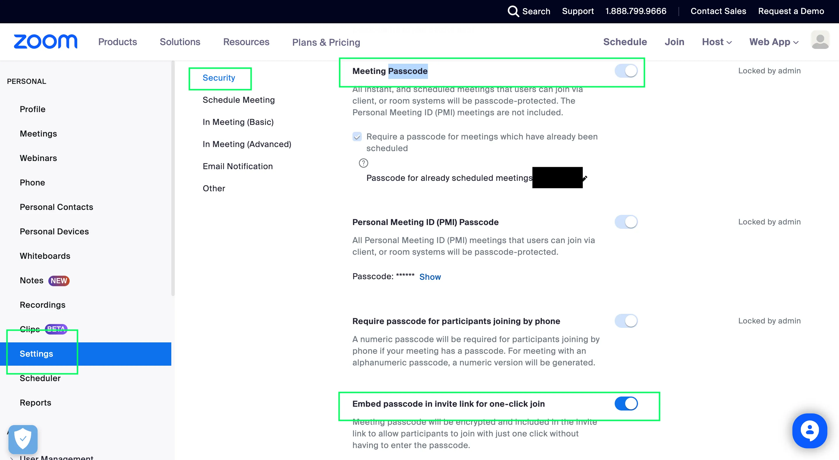 Zoom security settings showing Meeting Passcode and embed passcode options enabled