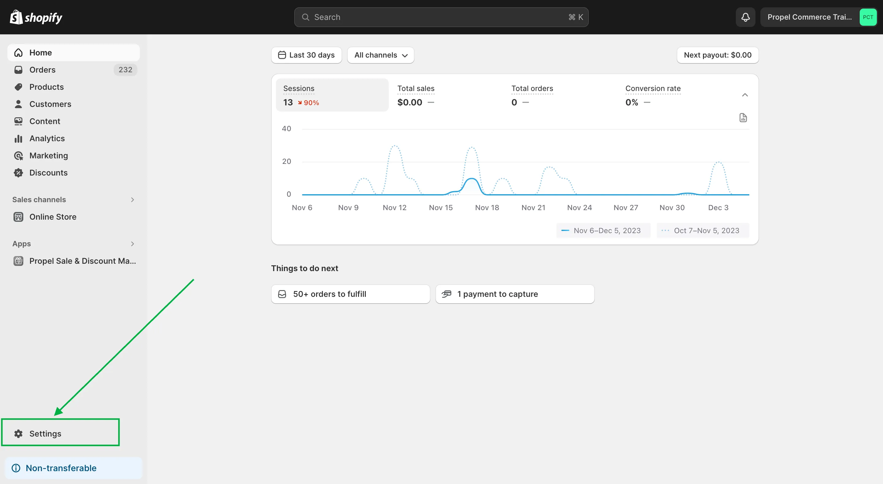 Settings page in Shopify account
