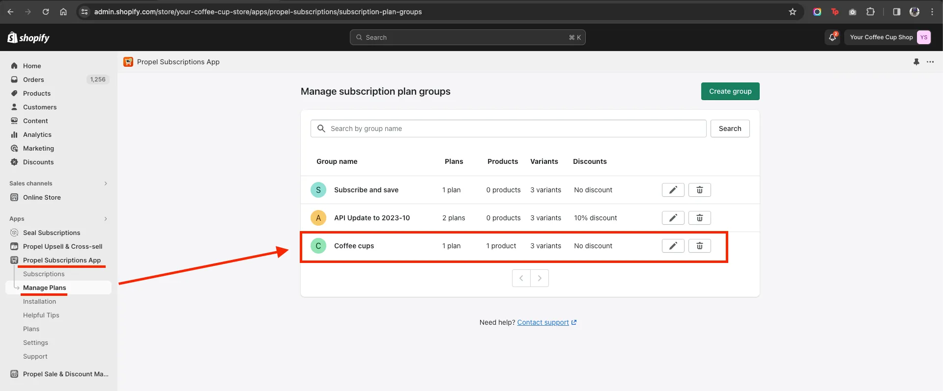 Manage Plans page