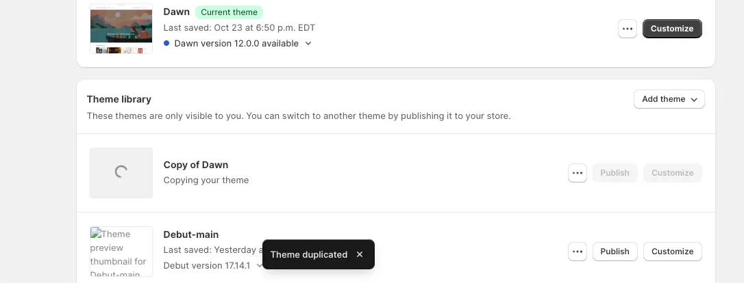 Themes list with Dawn theme