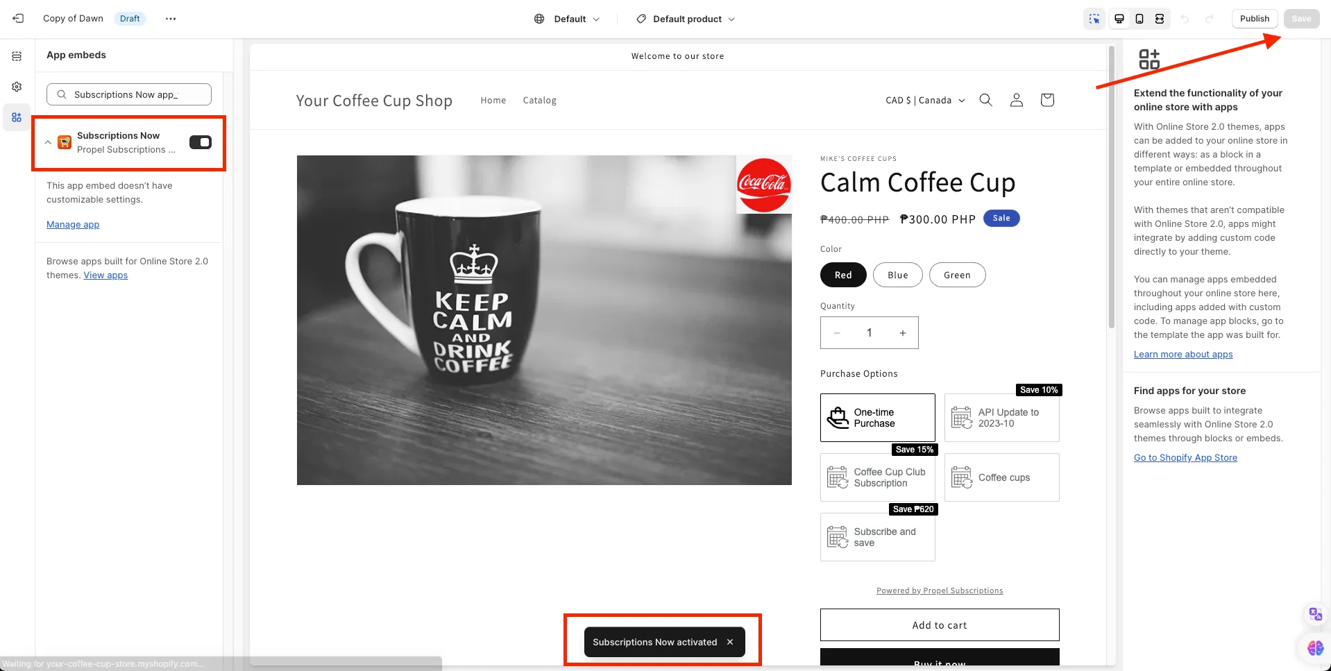 Theme customizer with Subscriptions Now toggle