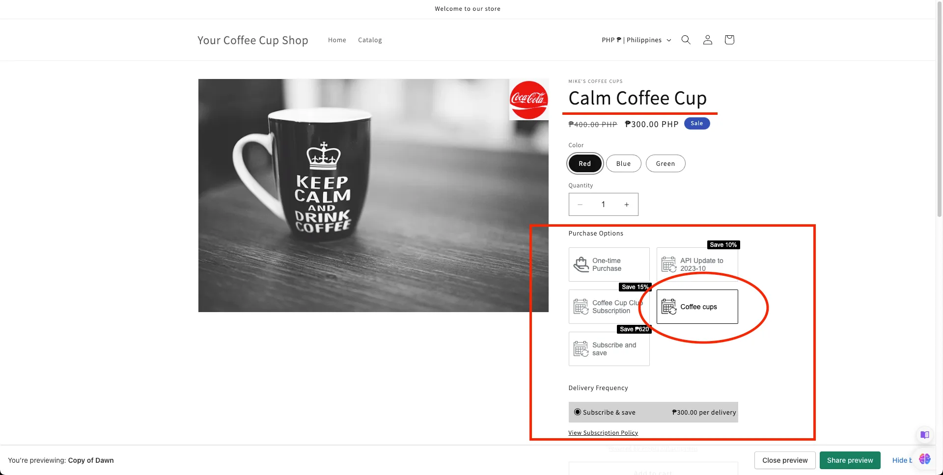 Subscription widget on previewed product page