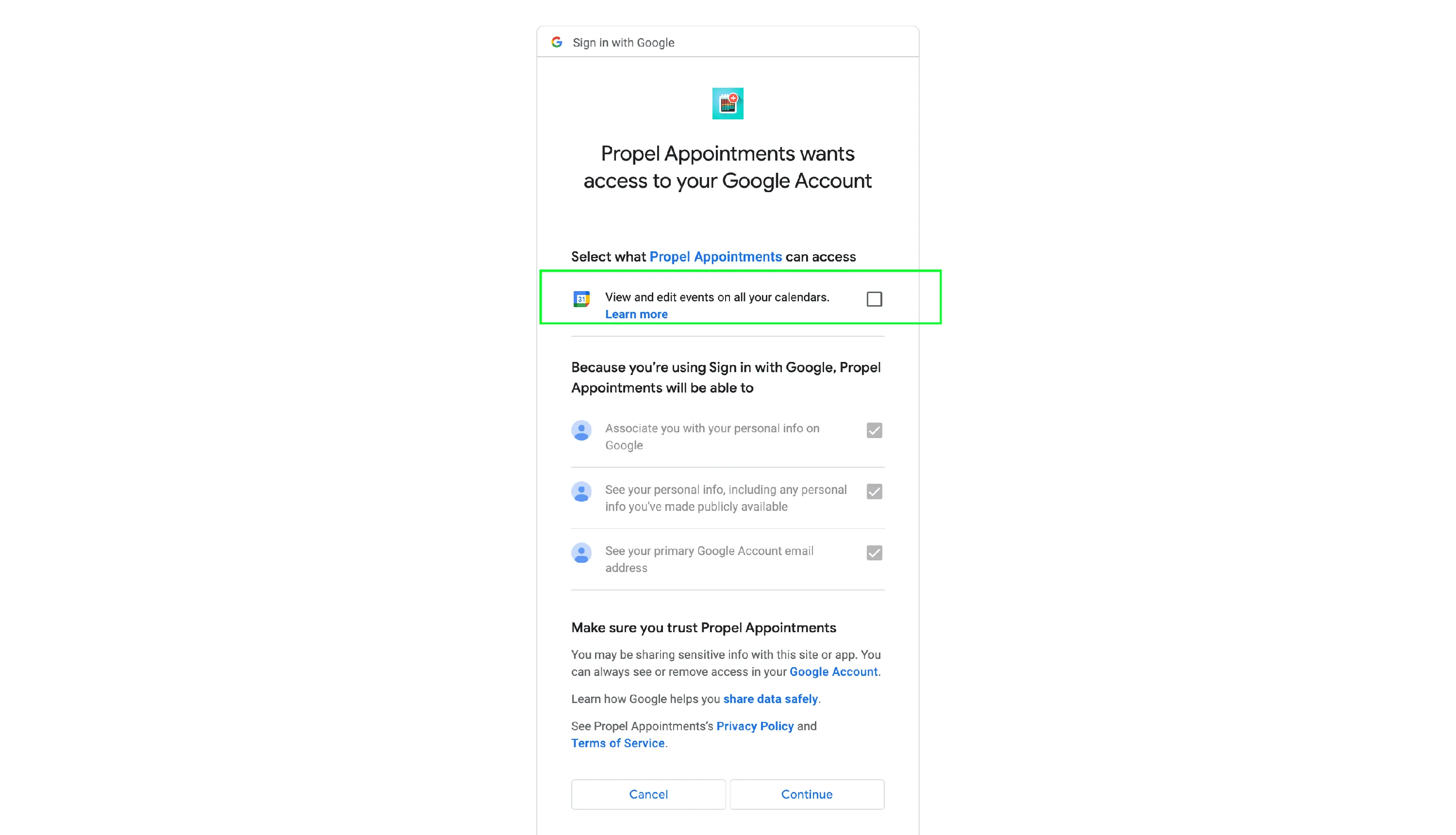 Google Calendar permission screen showing the 'View and edit events on all your calendars' checkbox