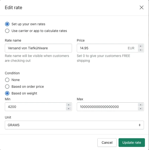 Delivery profile rate based on weight