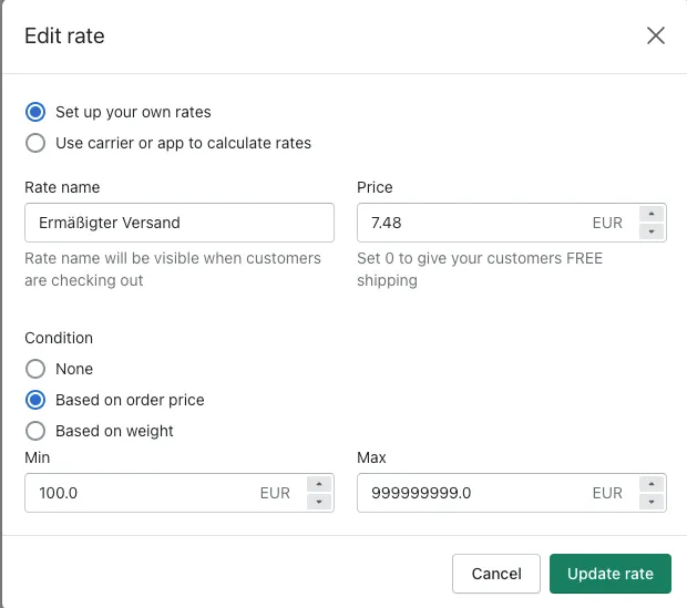 Delivery profile rate based on order price