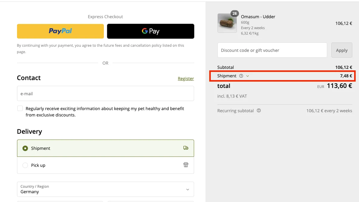 Order being checked out with the resolved shipping rate