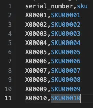 Sample CSV file with serial_number and sku columns