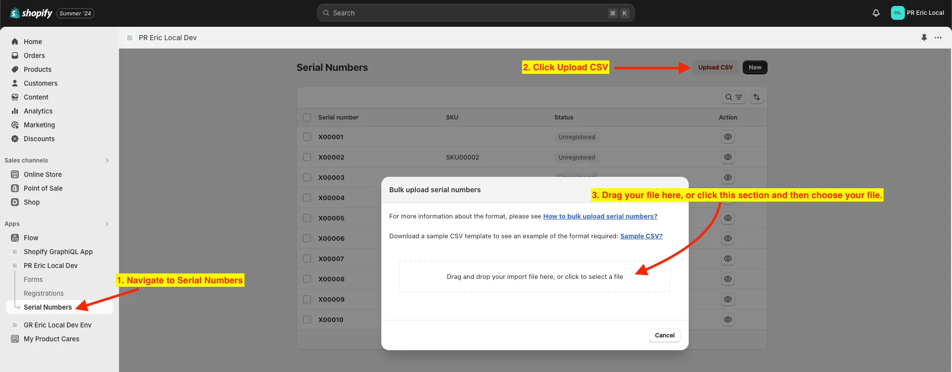 Serial number CSV upload area