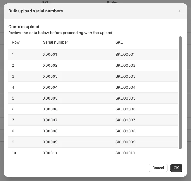 Preview list of serial numbers parsed from the CSV