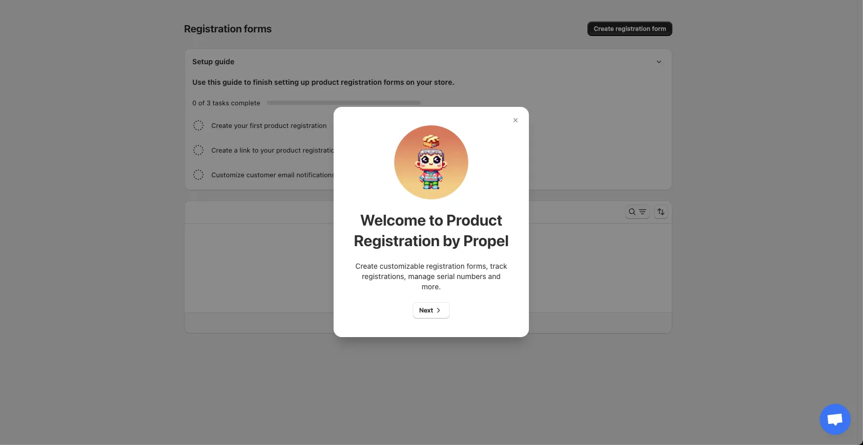 Propel Product Registration welcome screen