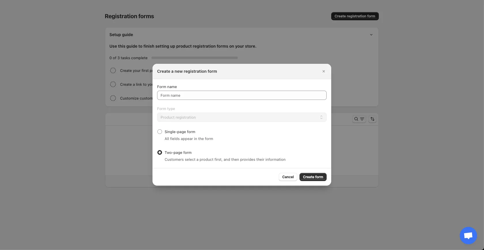 Form creation popup with name and page layout options