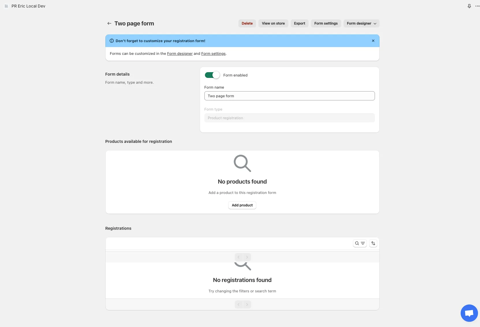 Edit form page with product selection and toolbar