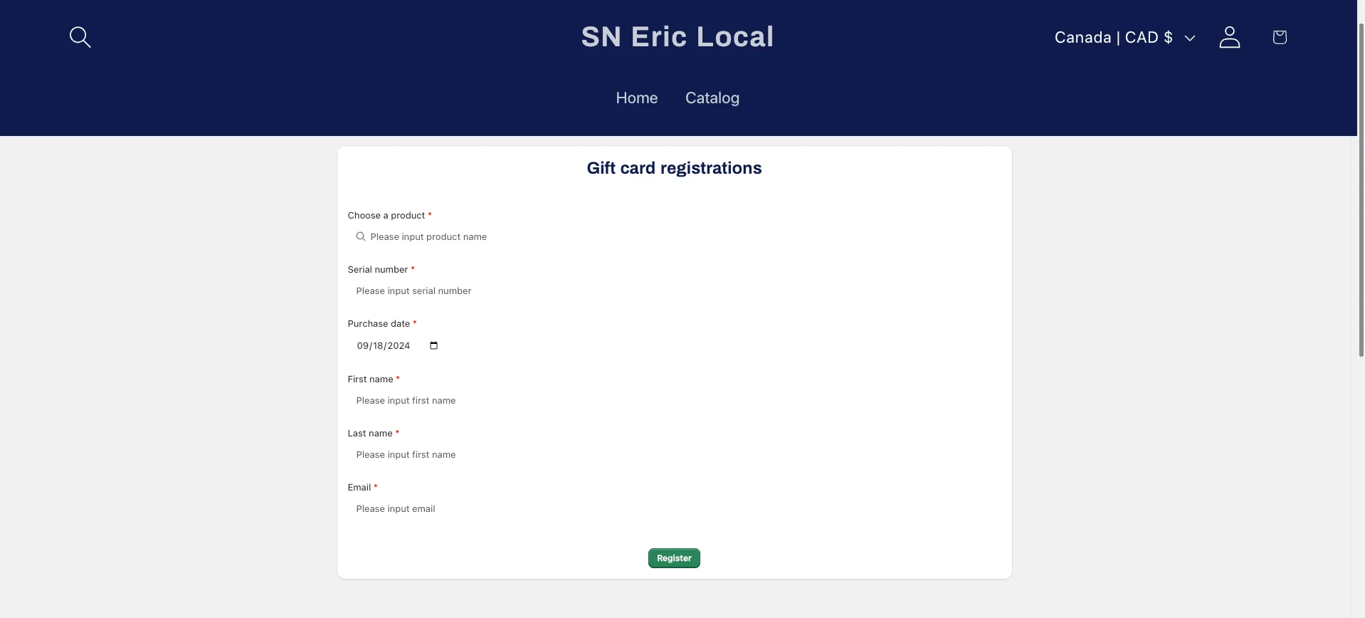 Registration form rendered on a test store