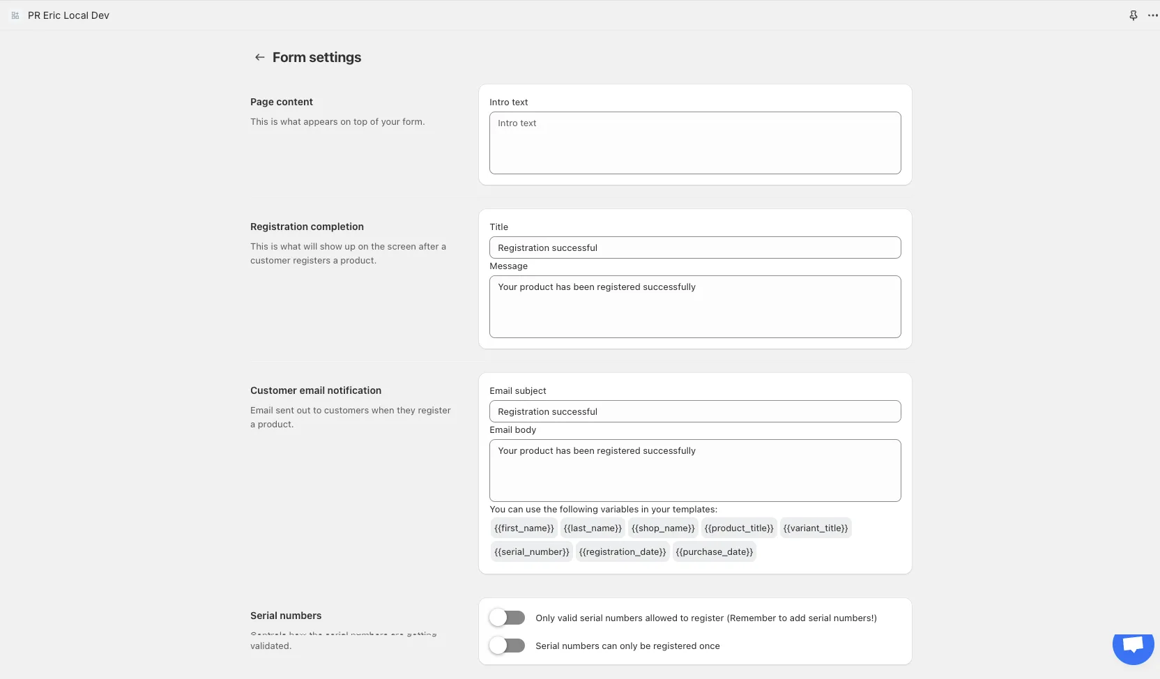 Form settings panel for confirmation emails and serial number rules
