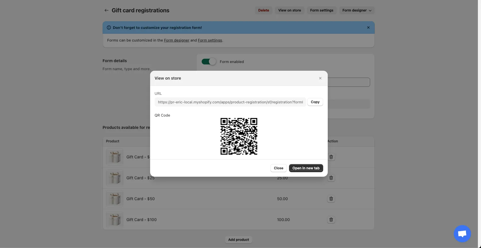 View on store popup with form URL