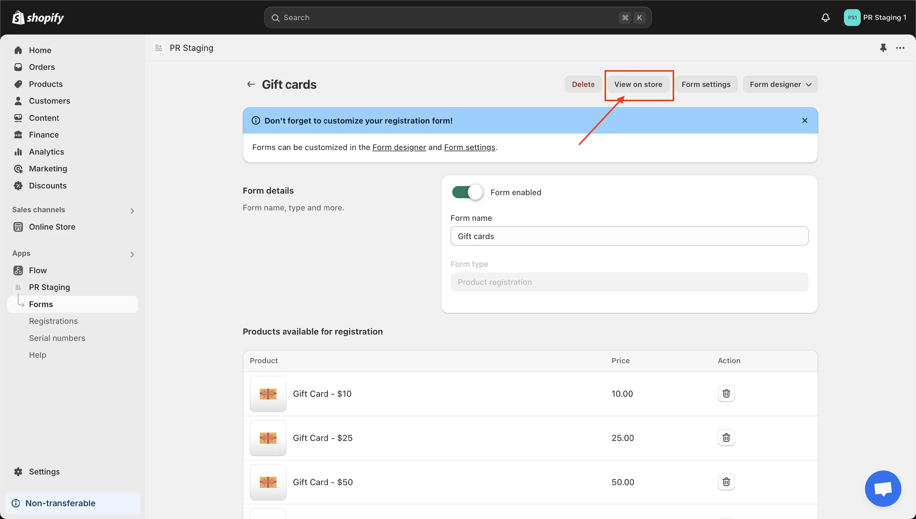 View on store button at the top of the form editor