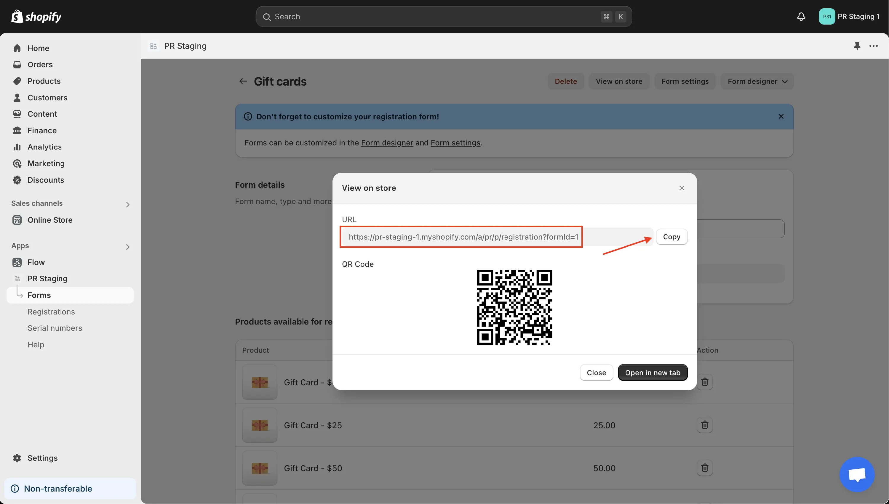 Popup with the registration form URL and copy button