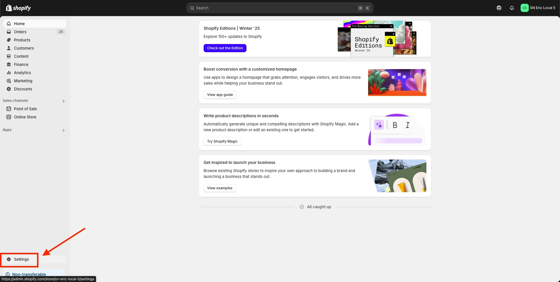 Open the Settings page in the Shopify dashboard