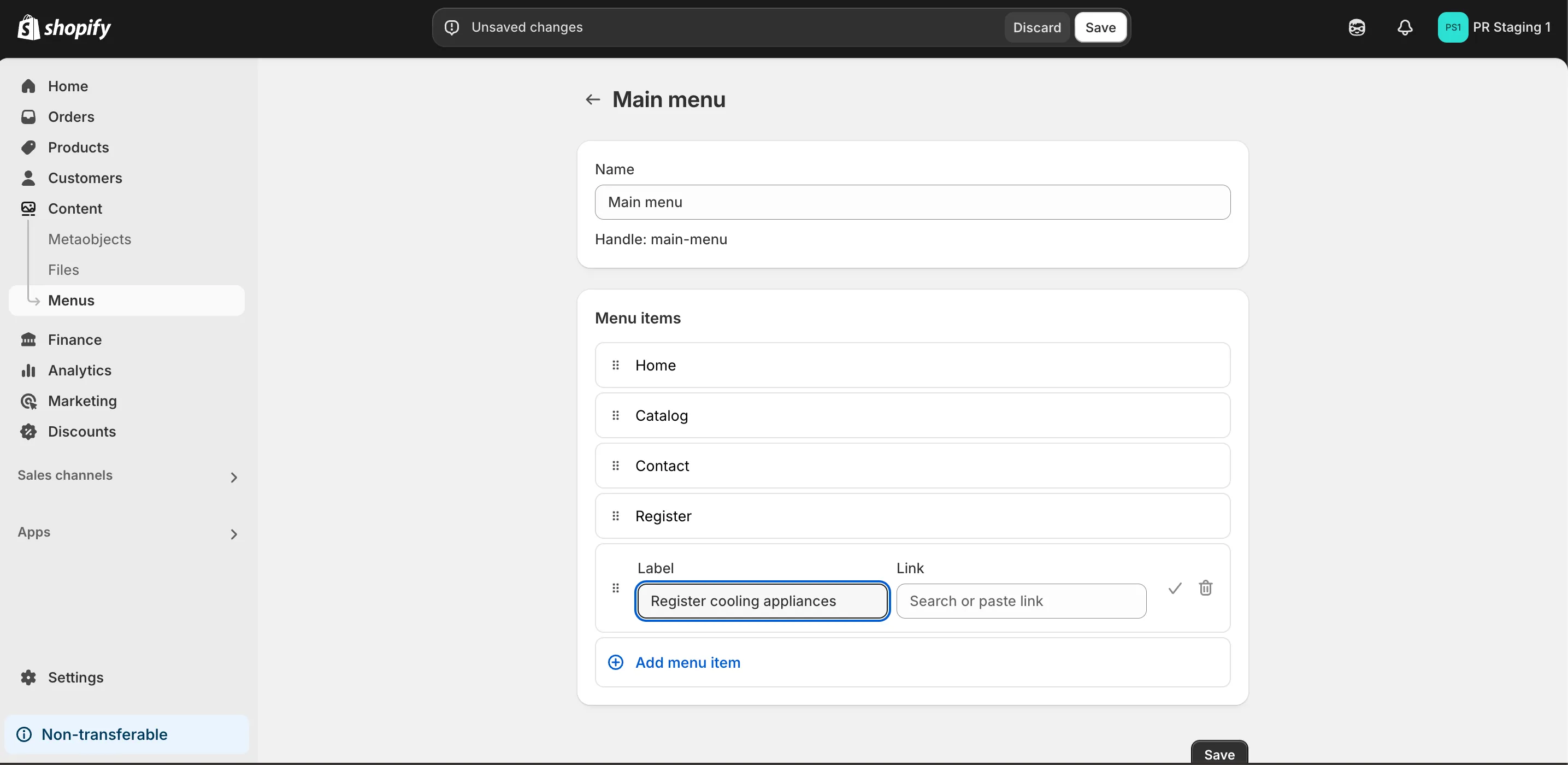 Add menu item form with name and URL fields