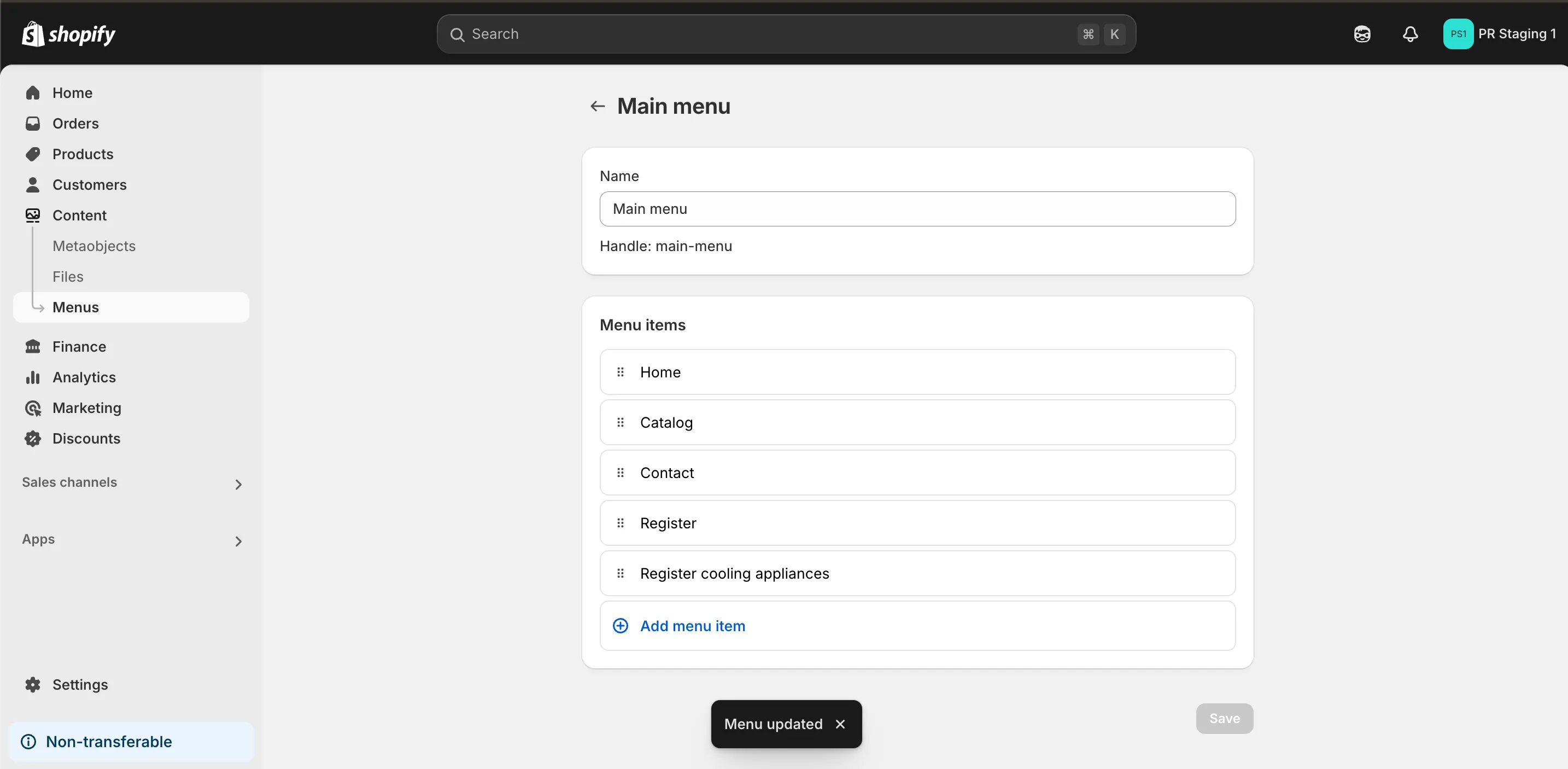 Saved menu item in the Shopify main menu