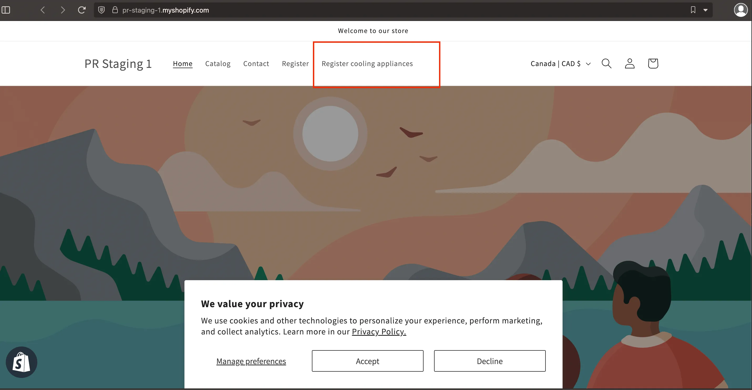 Registration link visible in the storefront menu