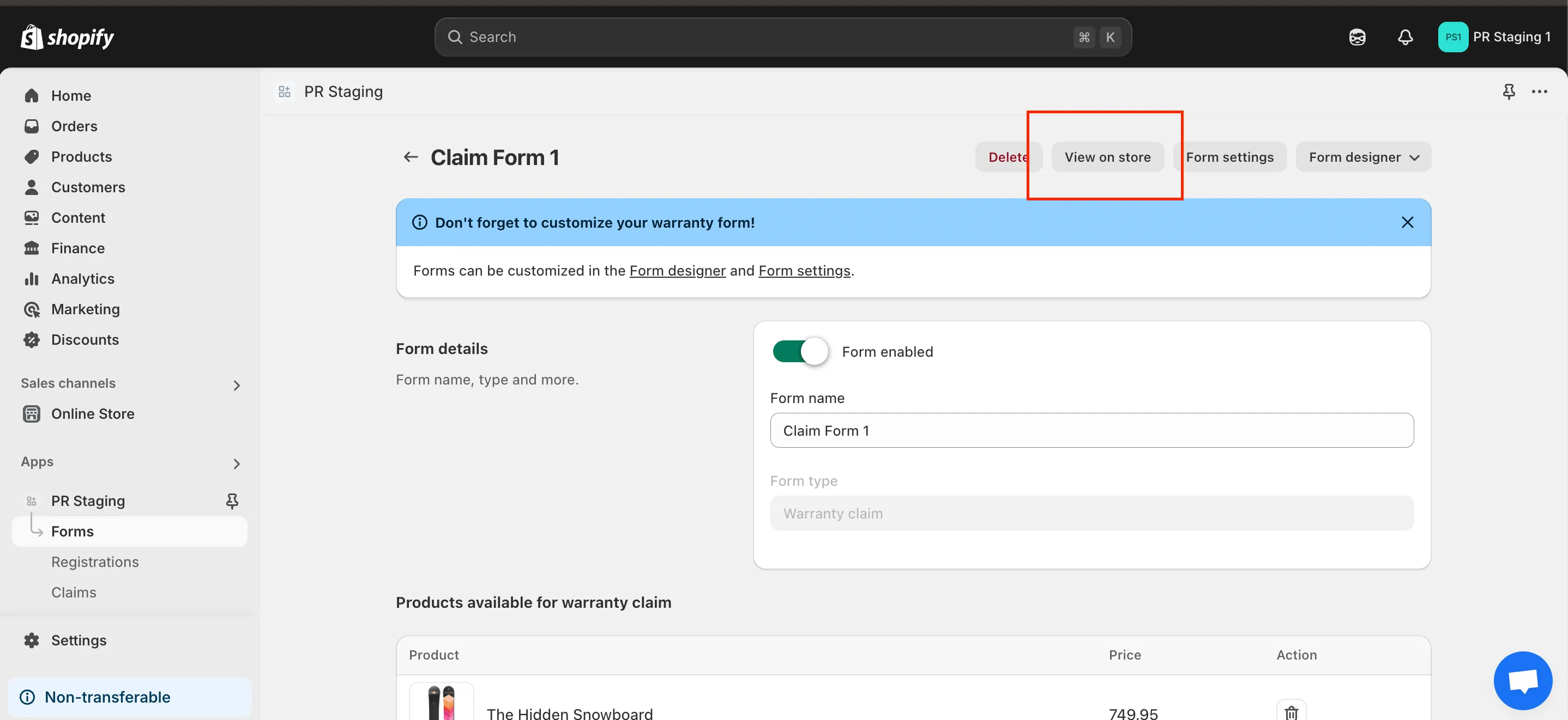View on store button at the top of the claim form editor