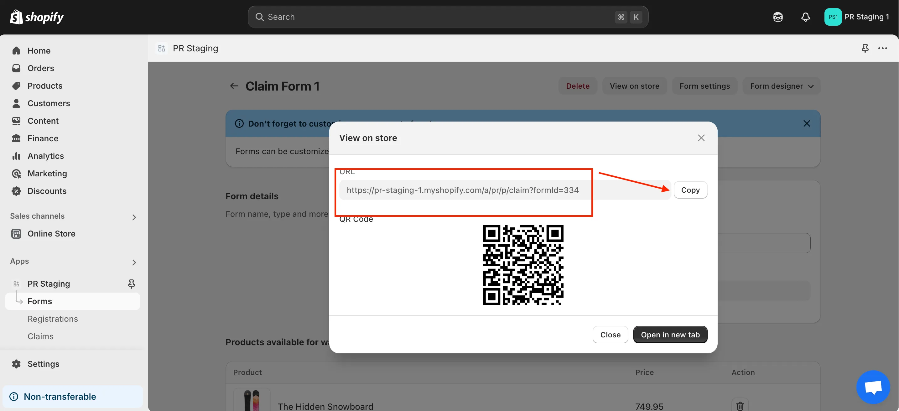 Popup with the claim form URL and copy button