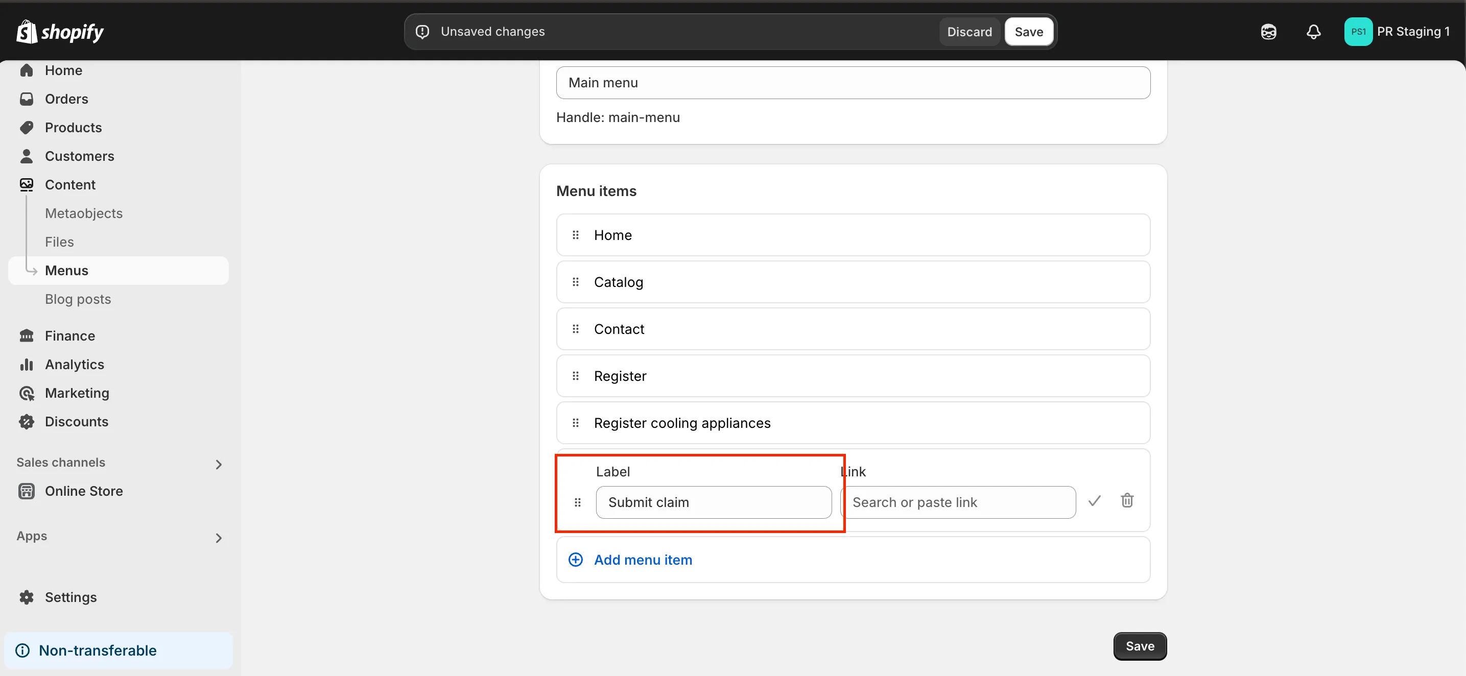Add menu item form with name and URL fields