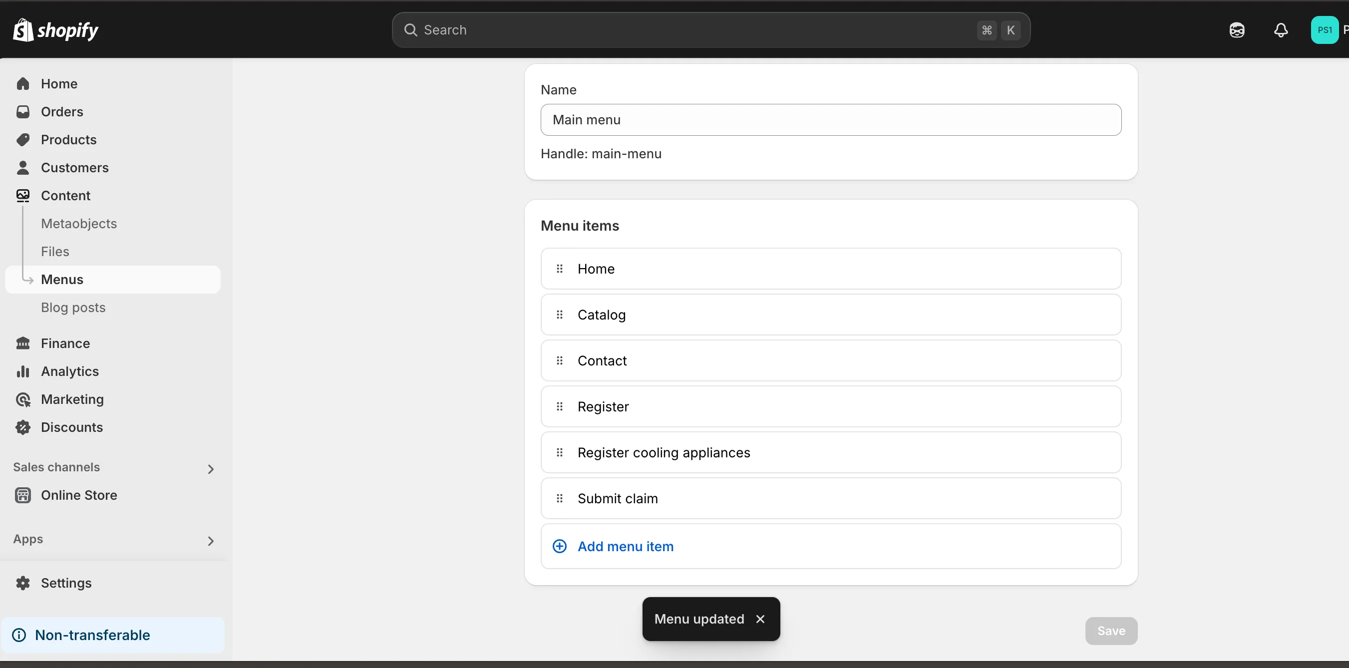 Saved claims menu item in the Shopify main menu